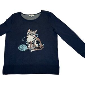 Astrologie Navy Blue Cat Yarn Ball Intarsia Knit Sweater Womens Large L